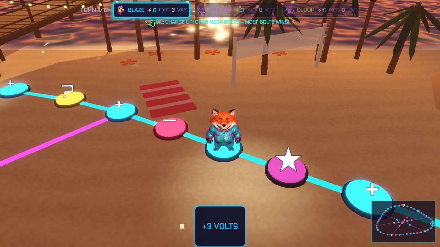 Volt Party board — the Sunset Tide world